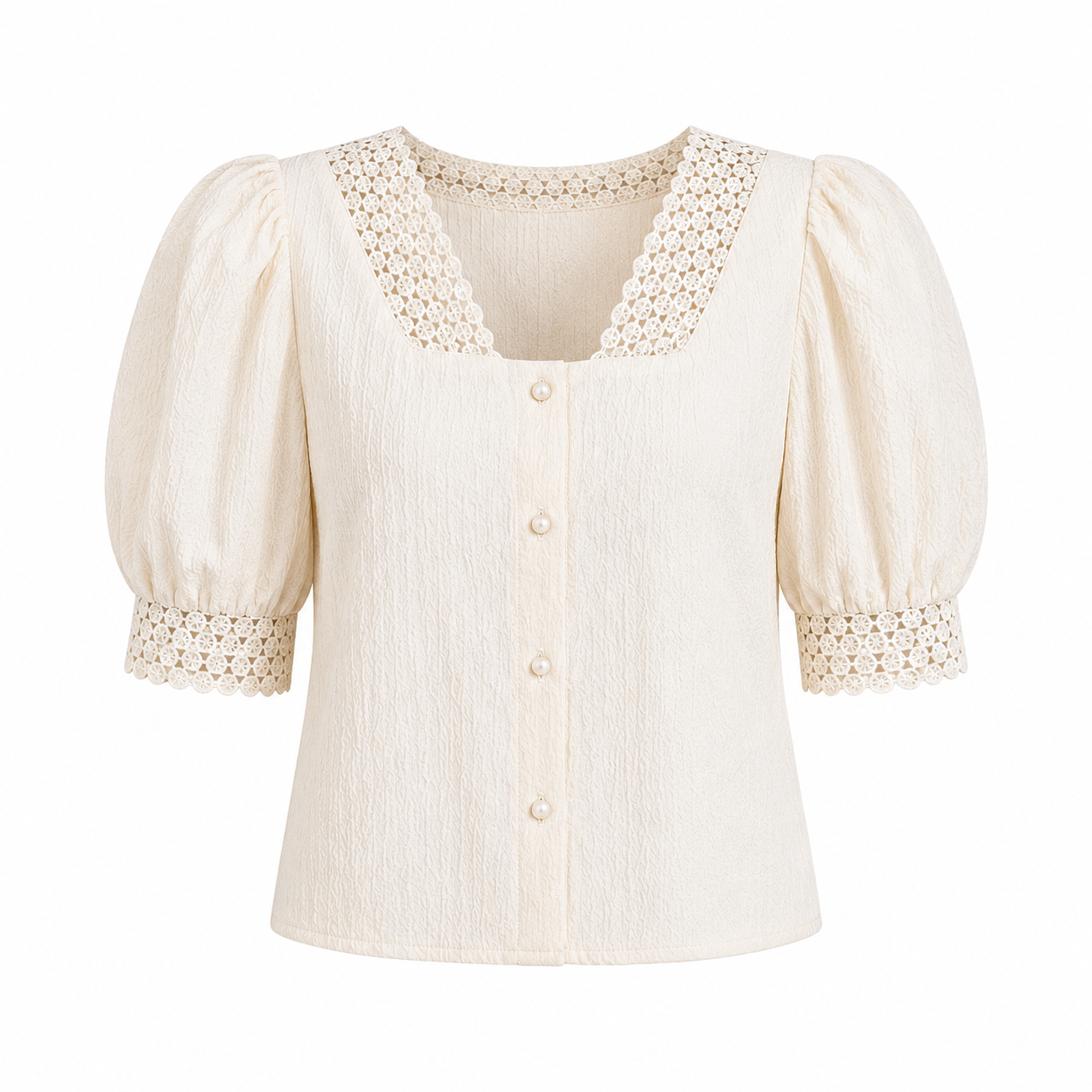 Women's Elegant White Puff Sleeve Lace Neck Blouse | Korean Style Office Top