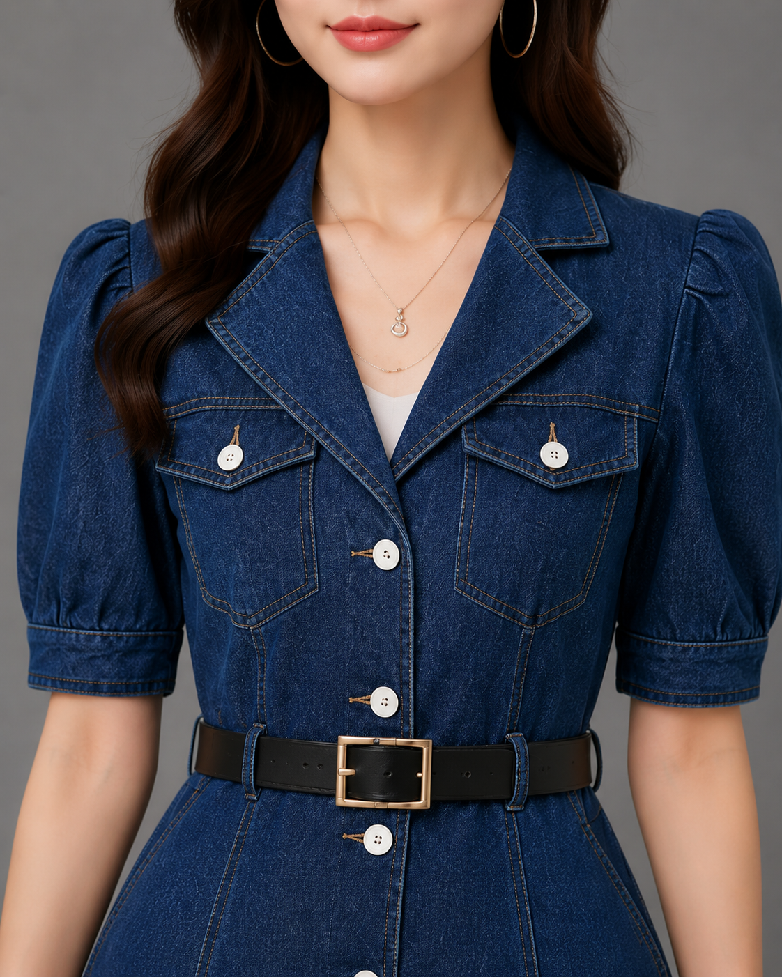 Women's Denim Shirt Dress | Puff Sleeve Belted Button Down Midi Dress