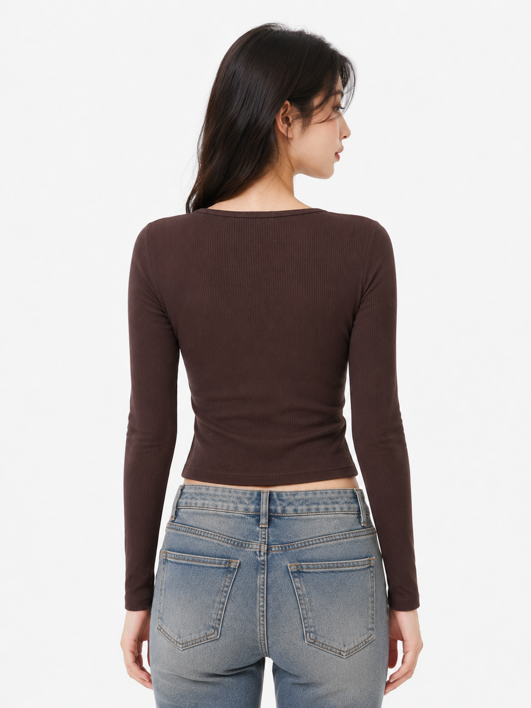Women's Ribbed Henley Crop Top Lace Trim Long Sleeve Slim Fit Korean Fashion Tee - Coffee Brown