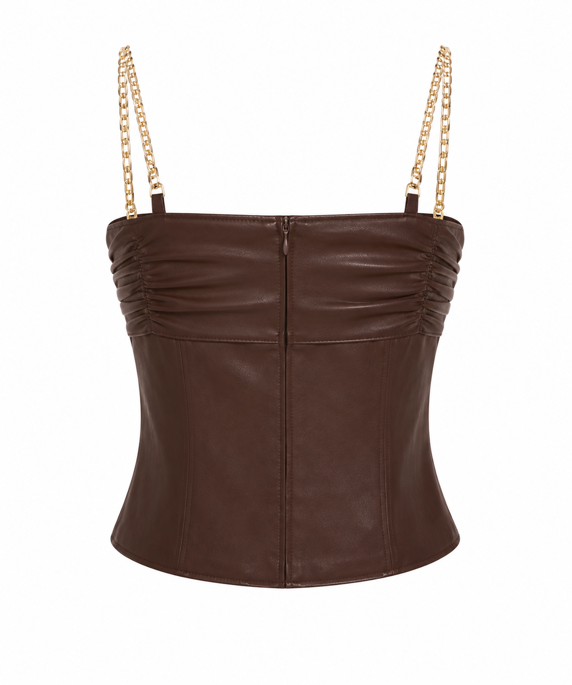 Women's Brown Halter Neck Faux Leather Crop Top | Asymmetrical Party Top with Gold Chain Straps