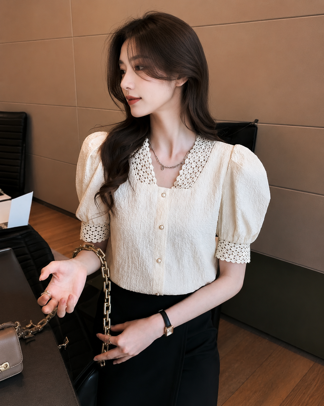 Women's Elegant White Puff Sleeve Lace Neck Blouse | Korean Style Office Top