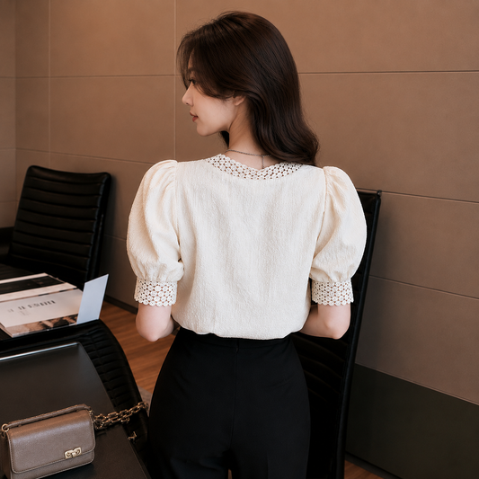 Women's Elegant White Puff Sleeve Lace Neck Blouse | Korean Style Office Top