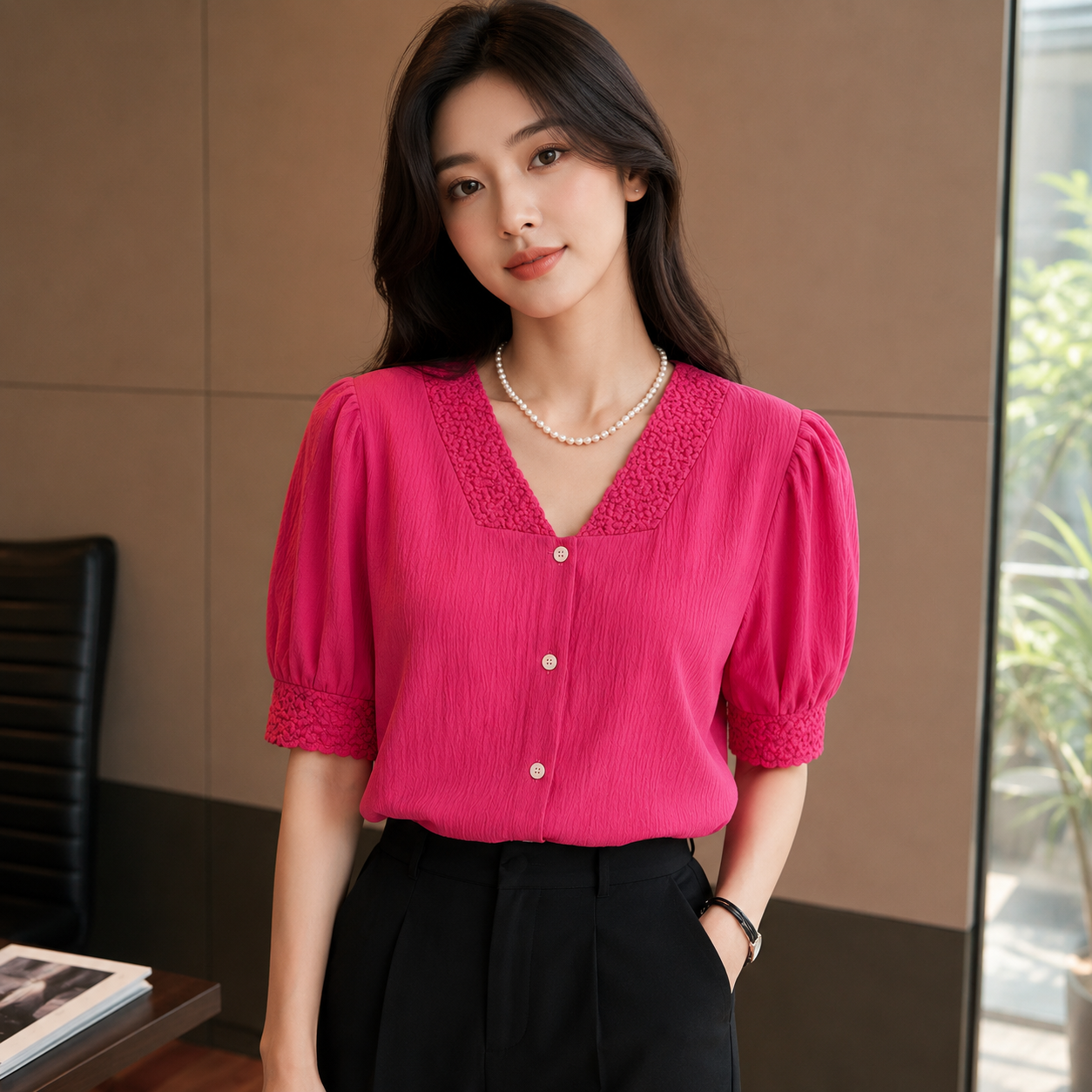 Women's Hot Pink Puff Sleeve Textured Top | V-Neck Button Front Blouse