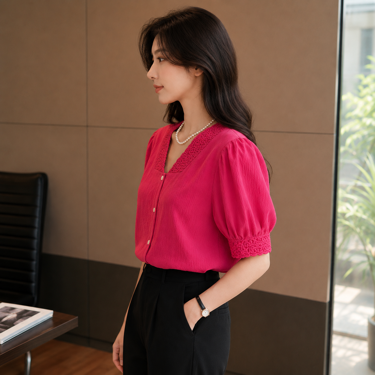 Women's Hot Pink Puff Sleeve Textured Top | V-Neck Button Front Blouse