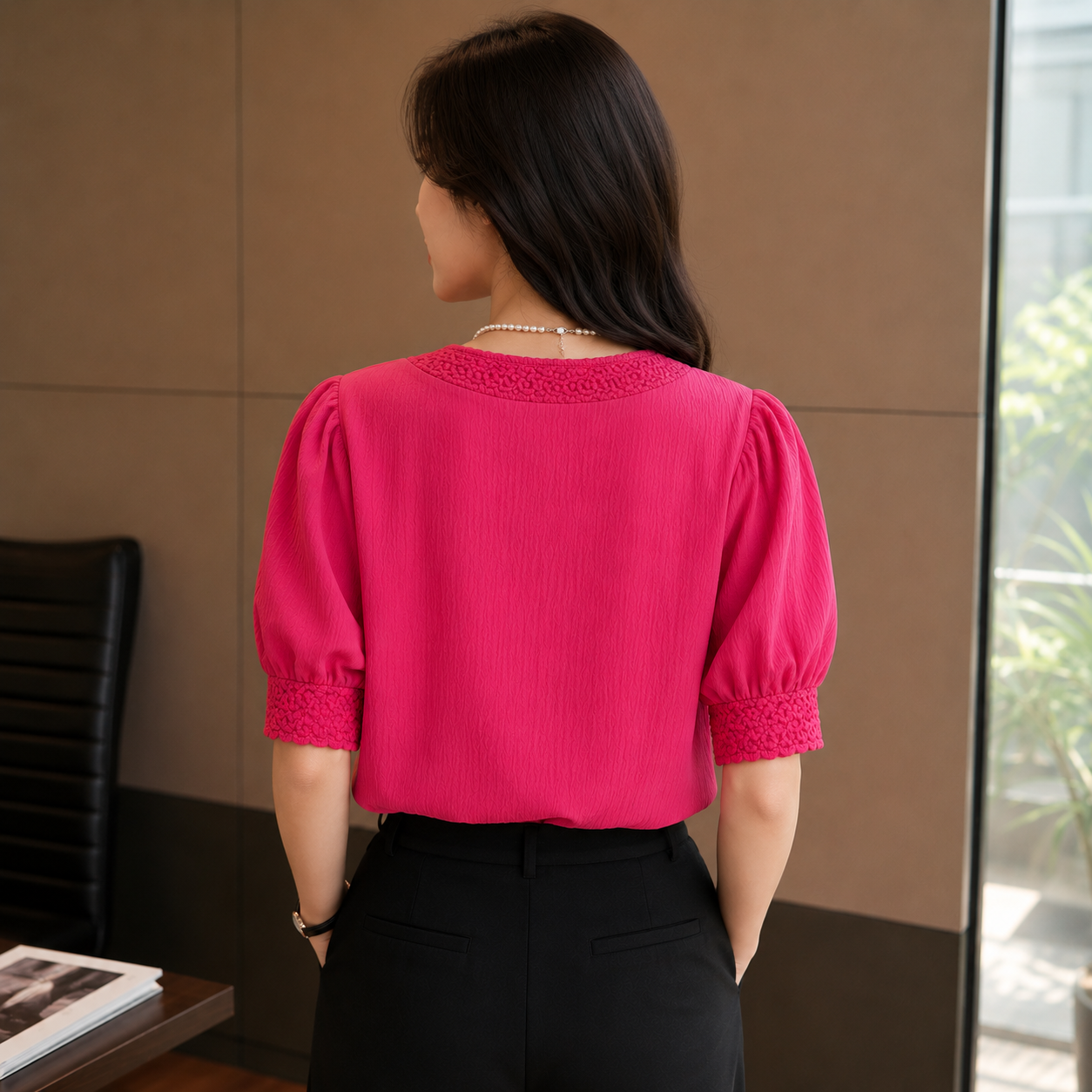 Women's Hot Pink Puff Sleeve Textured Top | V-Neck Button Front Blouse
