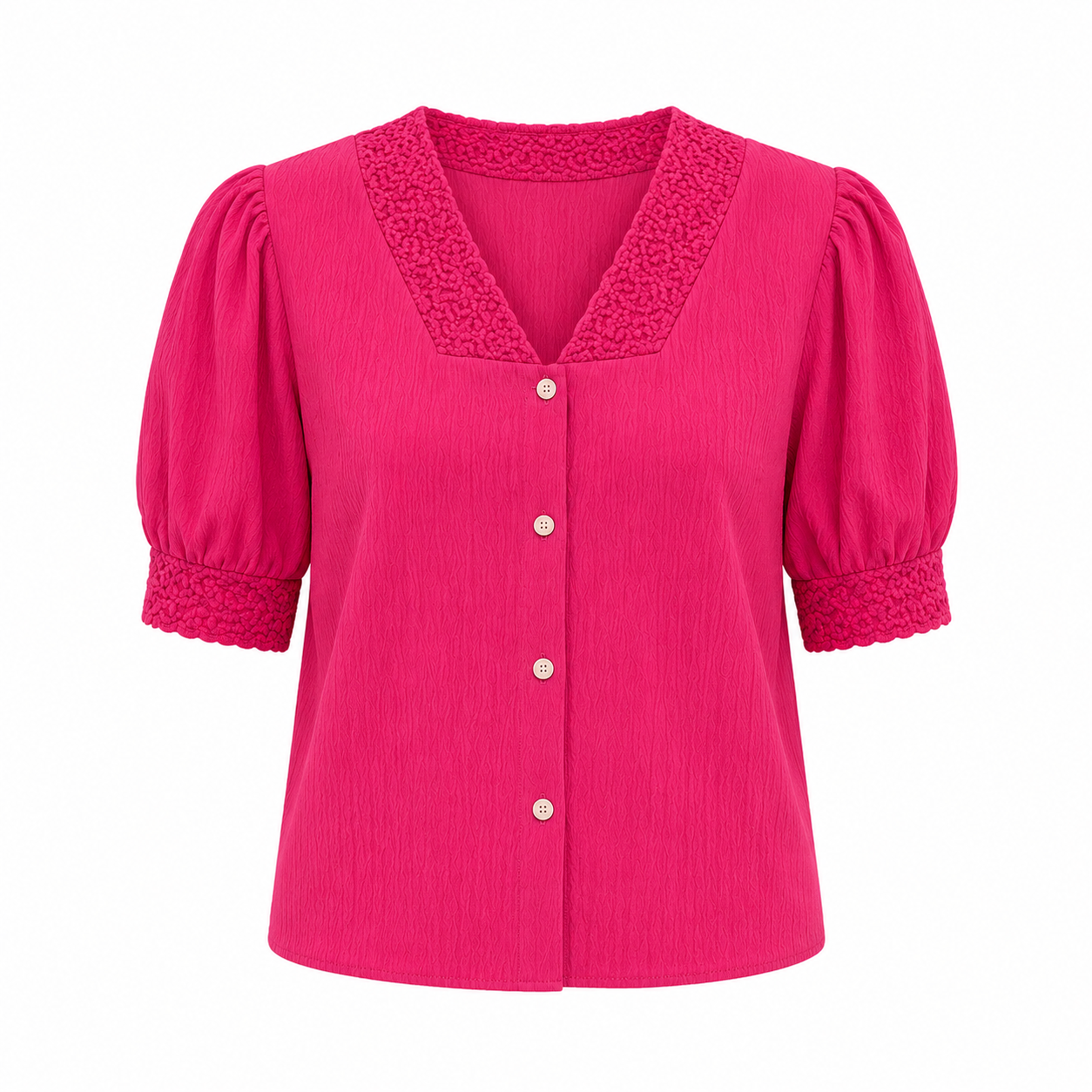 Women's Hot Pink Puff Sleeve Textured Top | V-Neck Button Front Blouse