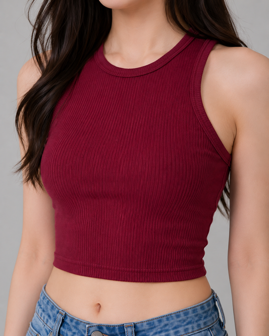 Women's Burgundy or Pink Ribbed Crop Tank Top | Sleeveless Slim Fit Top
