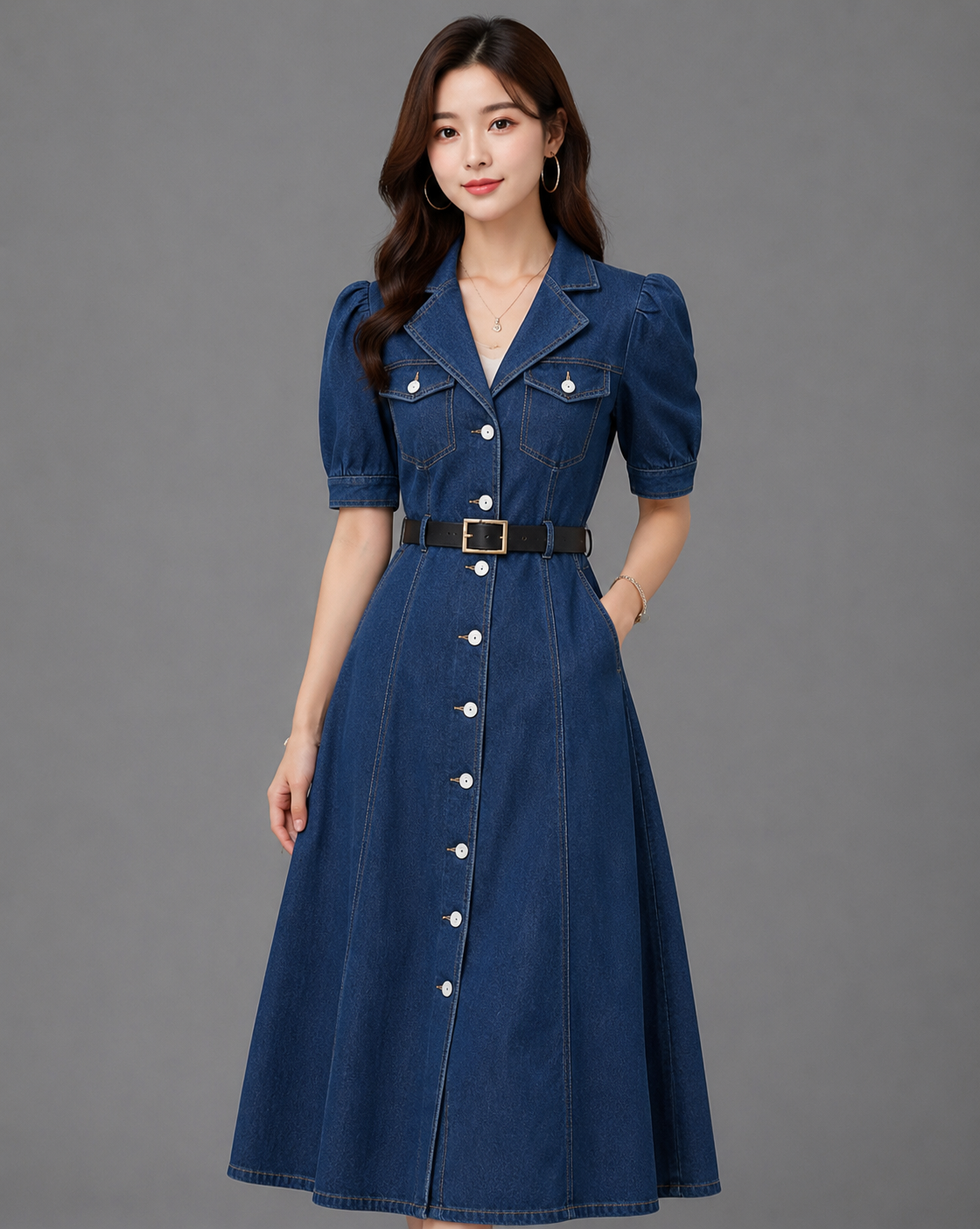 Women's Denim Shirt Dress | Puff Sleeve Belted Button Down Midi Dress
