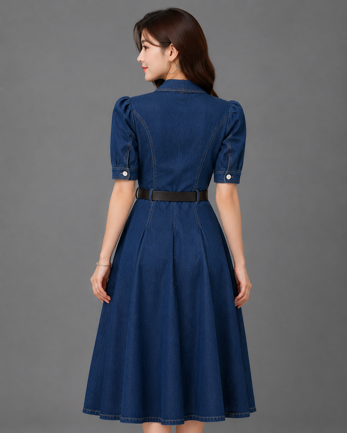 Women's Denim Shirt Dress | Puff Sleeve Belted Button Down Midi Dress
