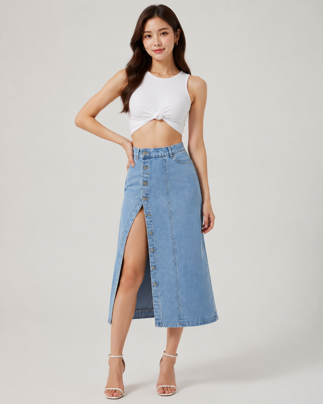 Women's Light Blue High Waist Button Front Denim Midi Skirt with Front Slit
