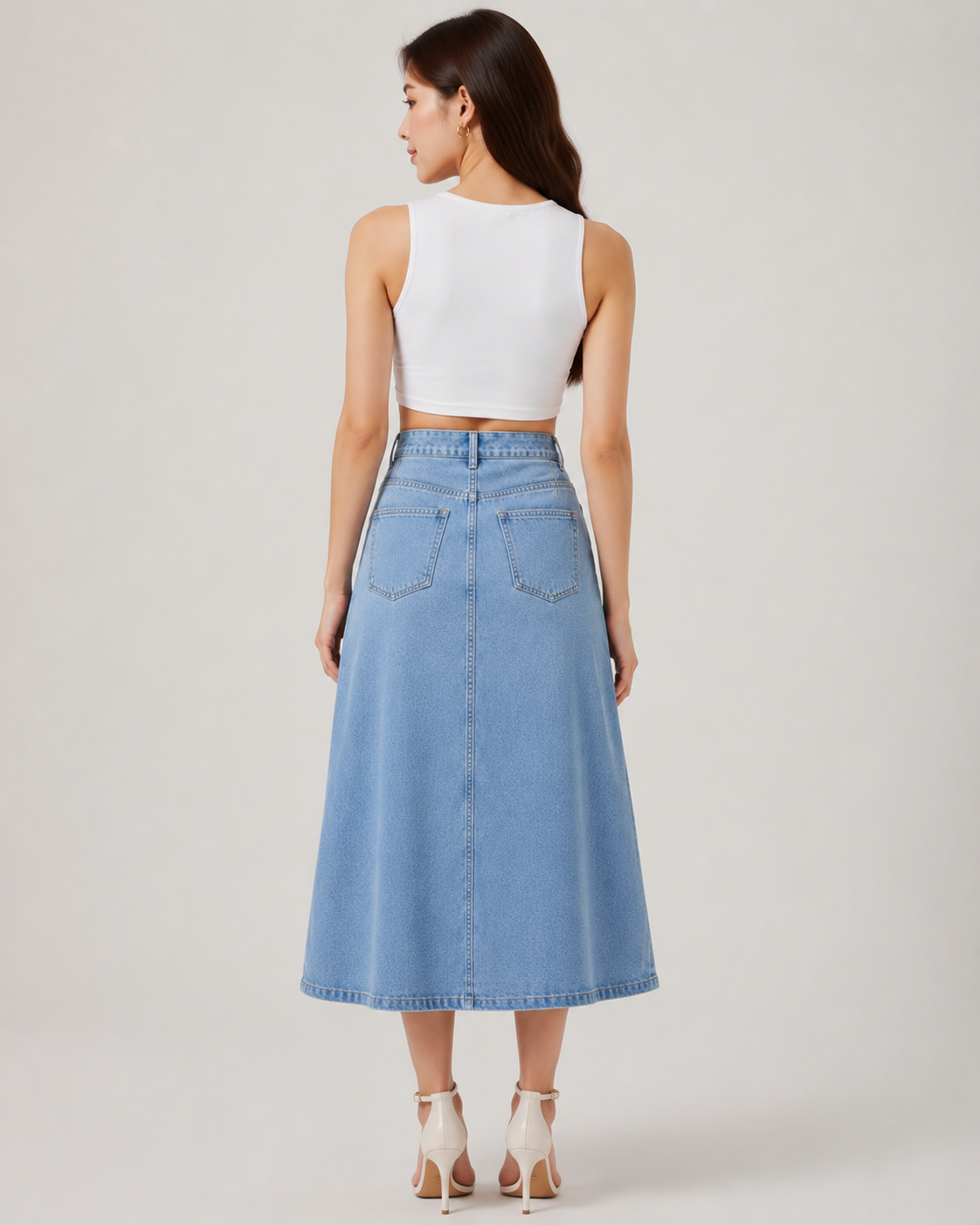 Women's Light Blue High Waist Button Front Denim Midi Skirt with Front Slit
