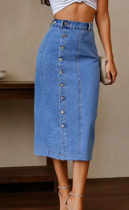 Women's Light Blue High Waist Button Front Denim Midi Skirt with Front Slit