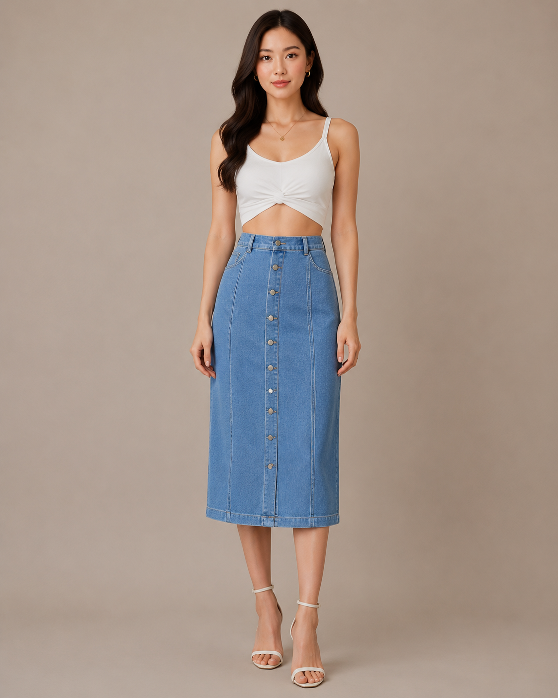Women's Light Blue High Waist Button Front Denim Midi Skirt with Front Slit