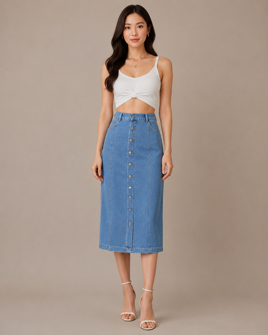 Women's Light Blue High Waist Button Front Denim Midi Skirt with Front Slit