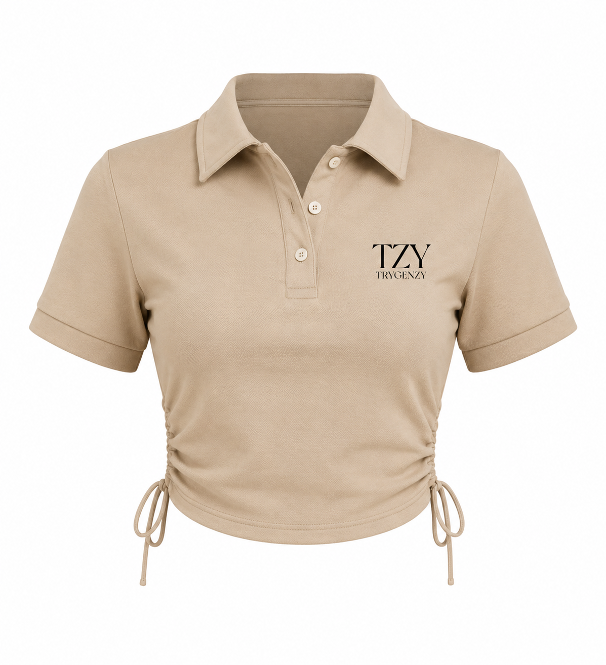 Women's Beige Crop Polo T-Shirt with Side Drawstring | TZY