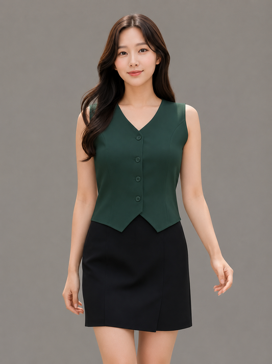 Women's Solid Sleeveless V-Neck Button Front Waistcoat Top | Casual Office & Party Vest | Available in Pink, Green & White