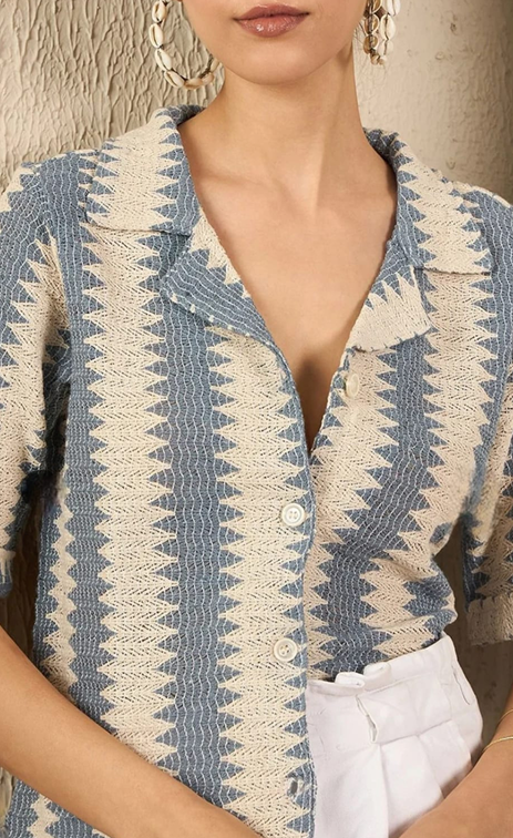 Women's Zigzag Knit Button Down Shirt | Casual Crochet Short Sleeve Top
