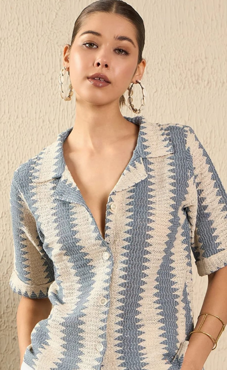 Women's Zigzag Knit Button Down Shirt | Casual Crochet Short Sleeve Top