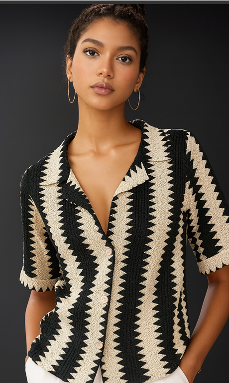 Women's Zigzag Knit Button Down Shirt | Casual Crochet Short Sleeve Top