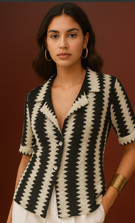 Women's Zigzag Knit Button Down Shirt | Casual Crochet Short Sleeve Top