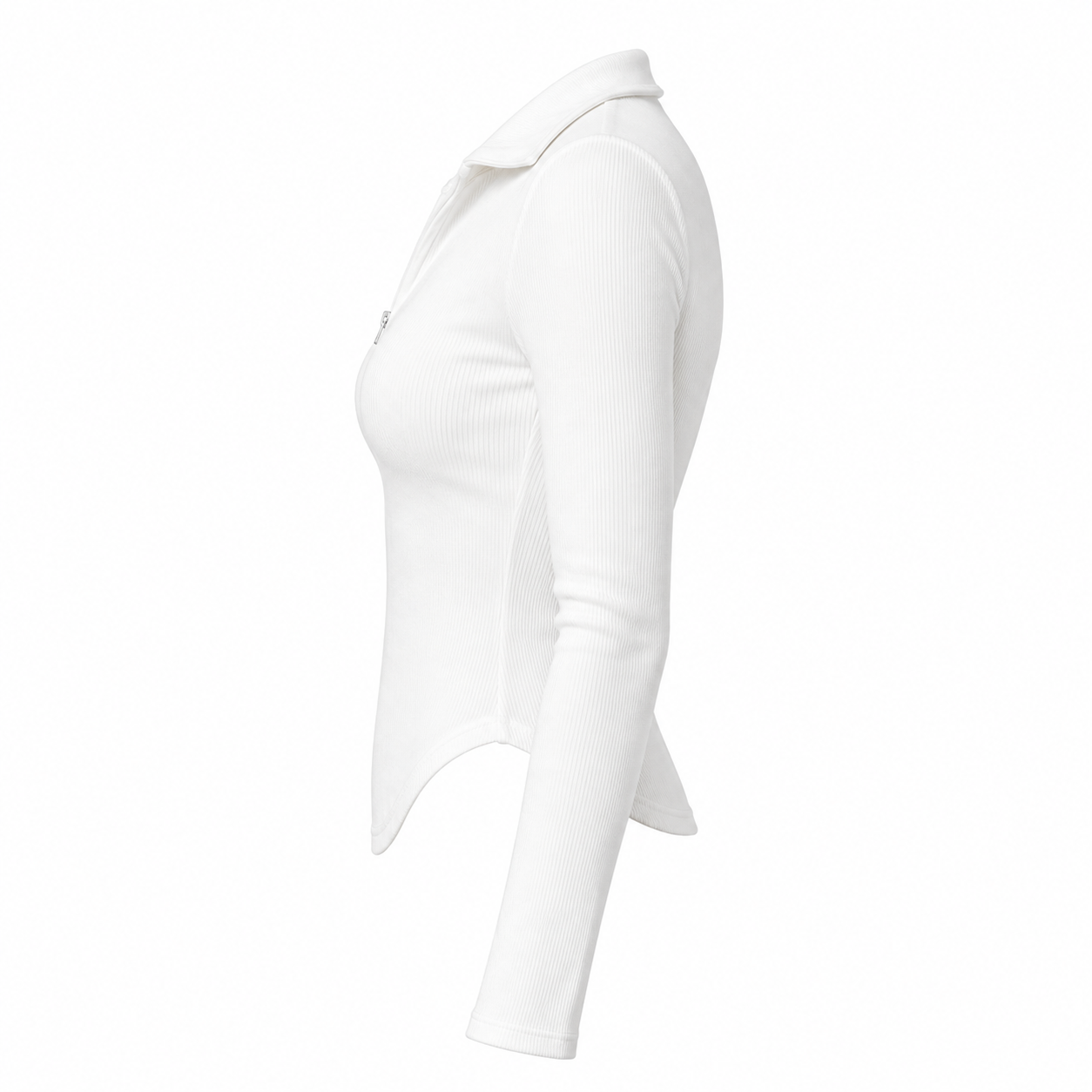 Women's White Ribbed Zip Polo Top – Long Sleeve Fitted Casual T-Shirt