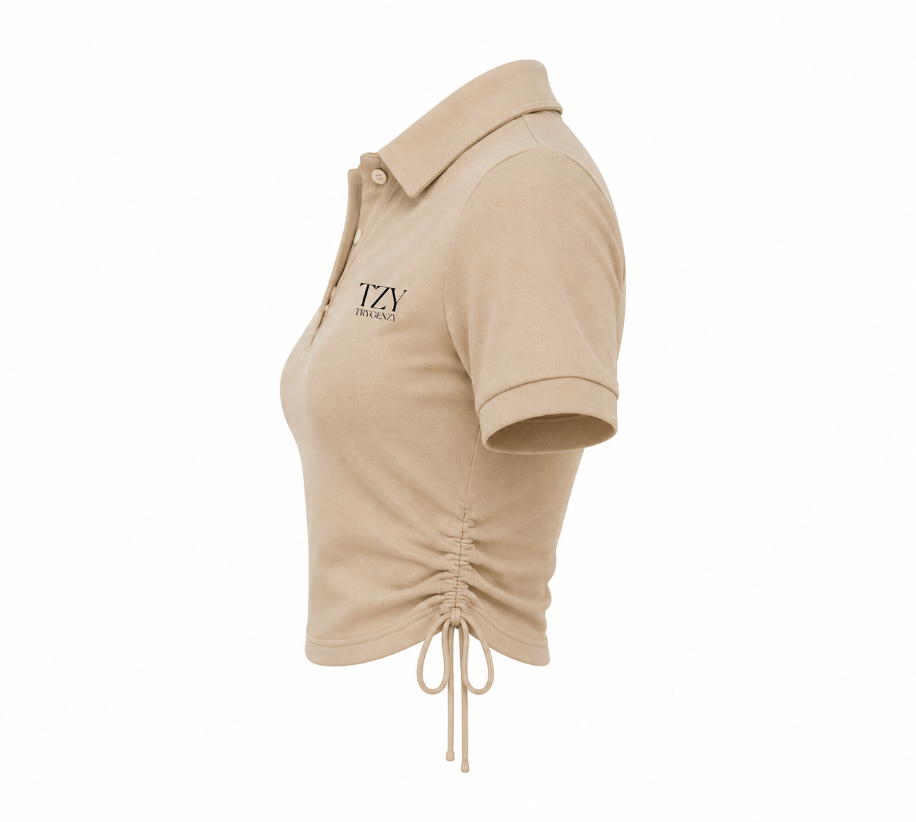 Women's Beige Crop Polo T-Shirt with Side Drawstring | TZY