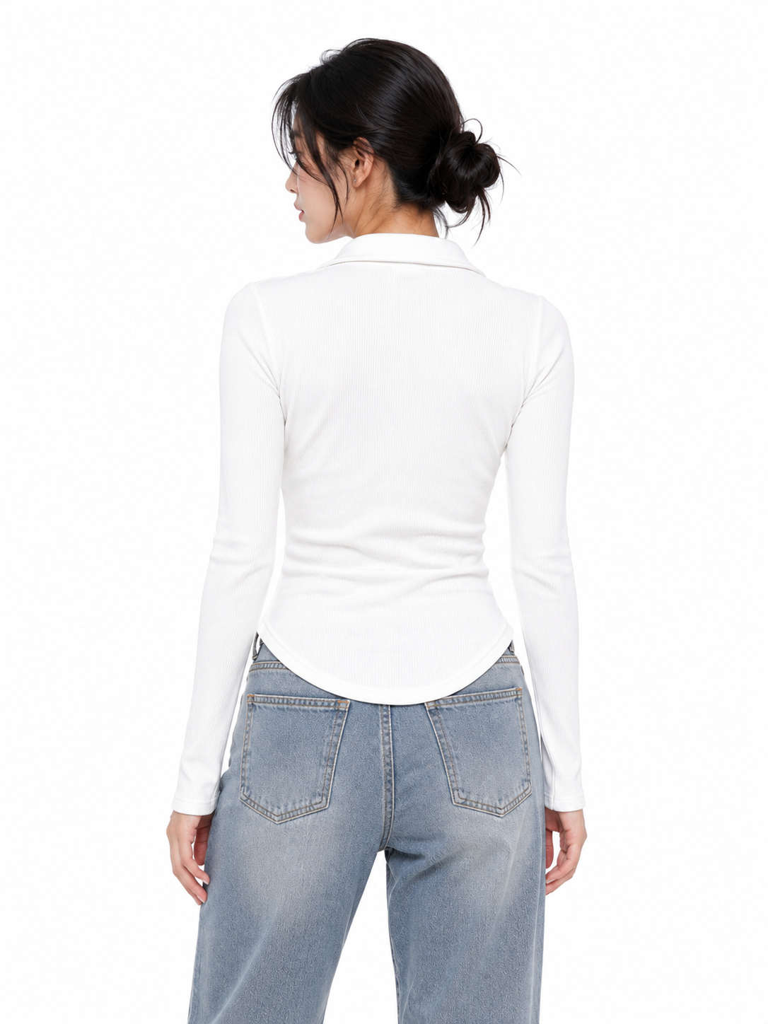 Women's White Ribbed Zip Polo Top – Long Sleeve Fitted Casual T-Shirt
