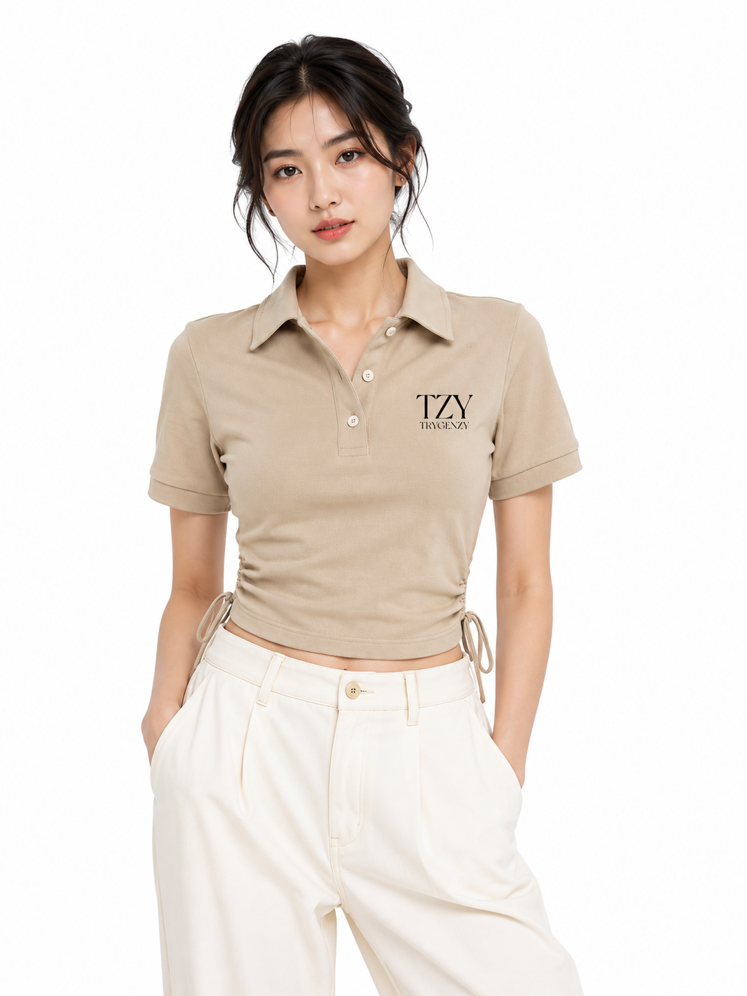 Women's Beige Crop Polo T-Shirt with Side Drawstring | TZY