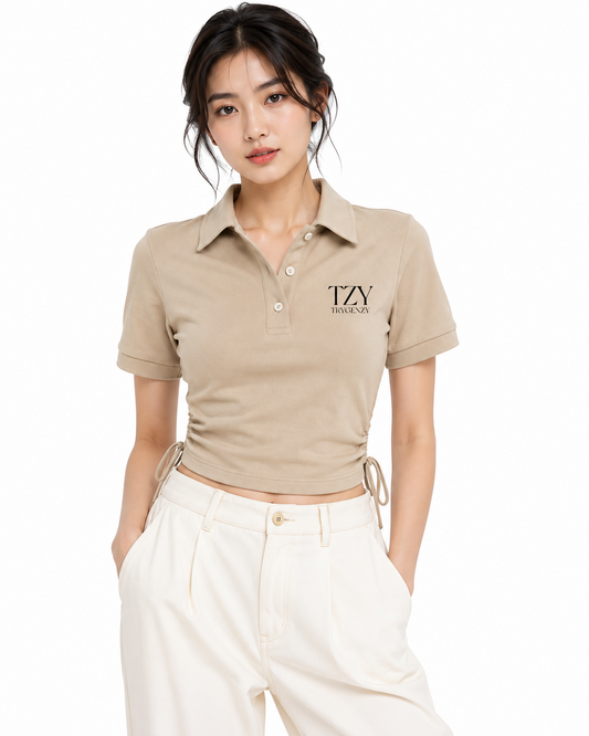 Women's Beige Crop Polo T-Shirt with Side Drawstring | TZY