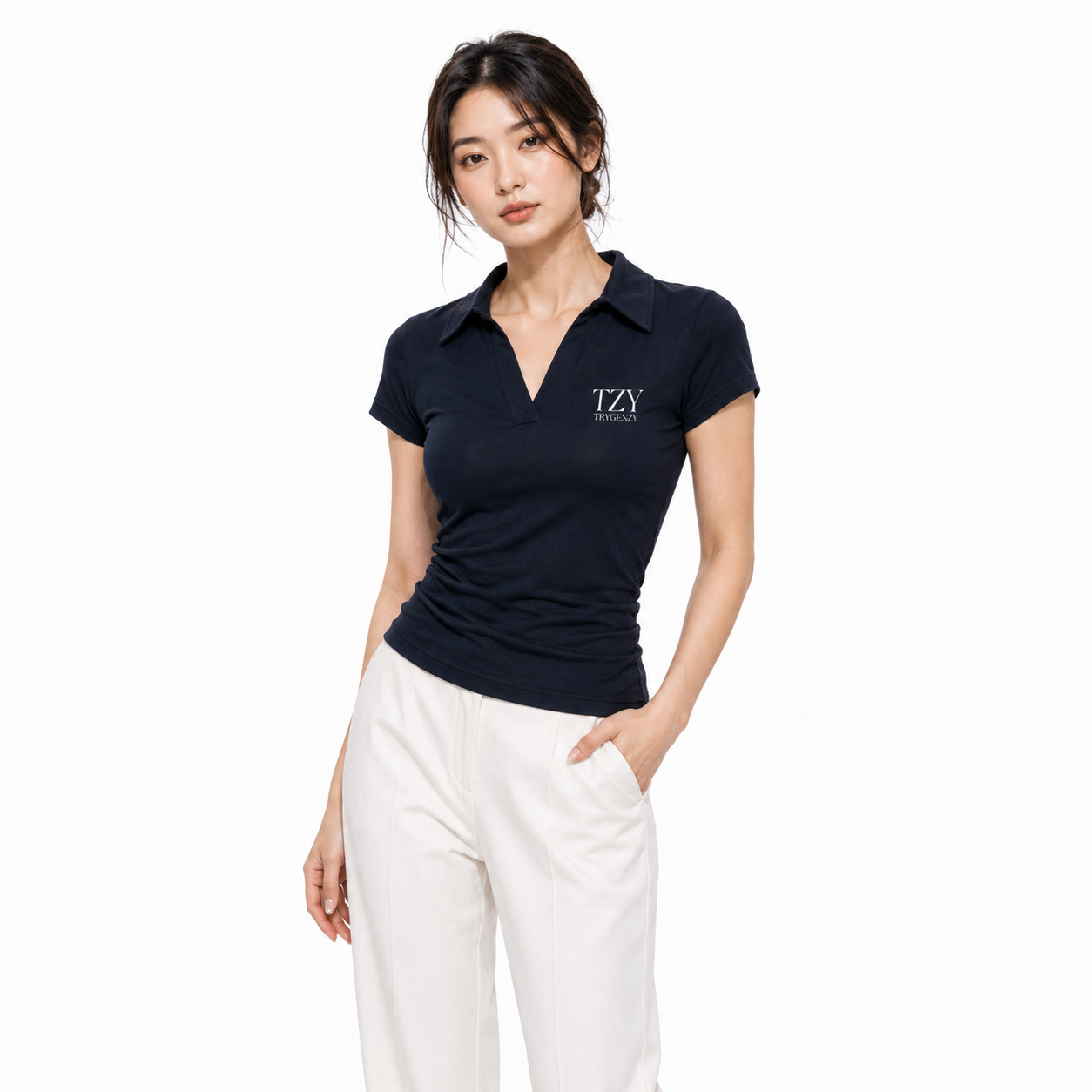 TZY Women's Navy Blue Polo T-Shirt – Classic Collared Casual Top