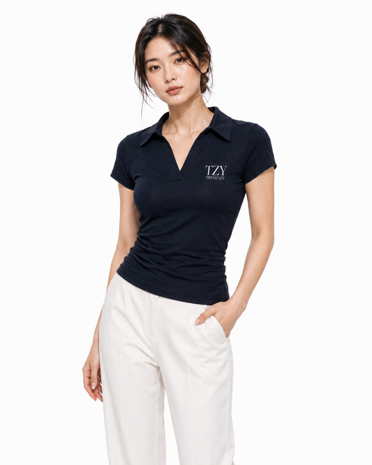 TZY Women's Navy Blue Polo T-Shirt – Classic Collared Casual Top