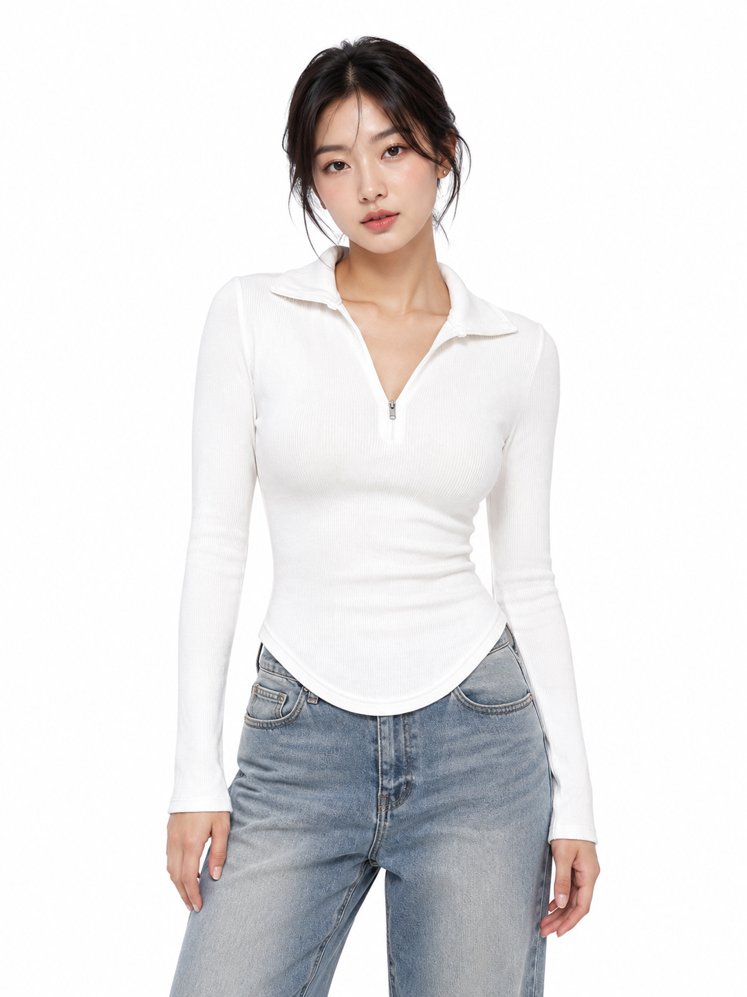 Women's White Ribbed Zip Polo Top – Long Sleeve Fitted Casual T-Shirt