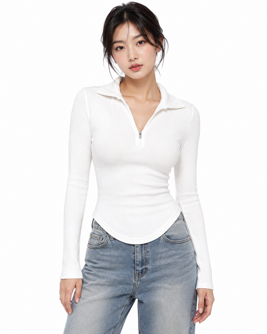 Women's White Ribbed Zip Polo Top – Long Sleeve Fitted Casual T-Shirt