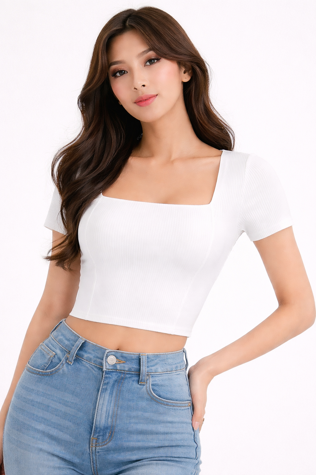 Women's White Ribbed Square Neck Crop Top | Slim Fit Casual Summer T-Shirt