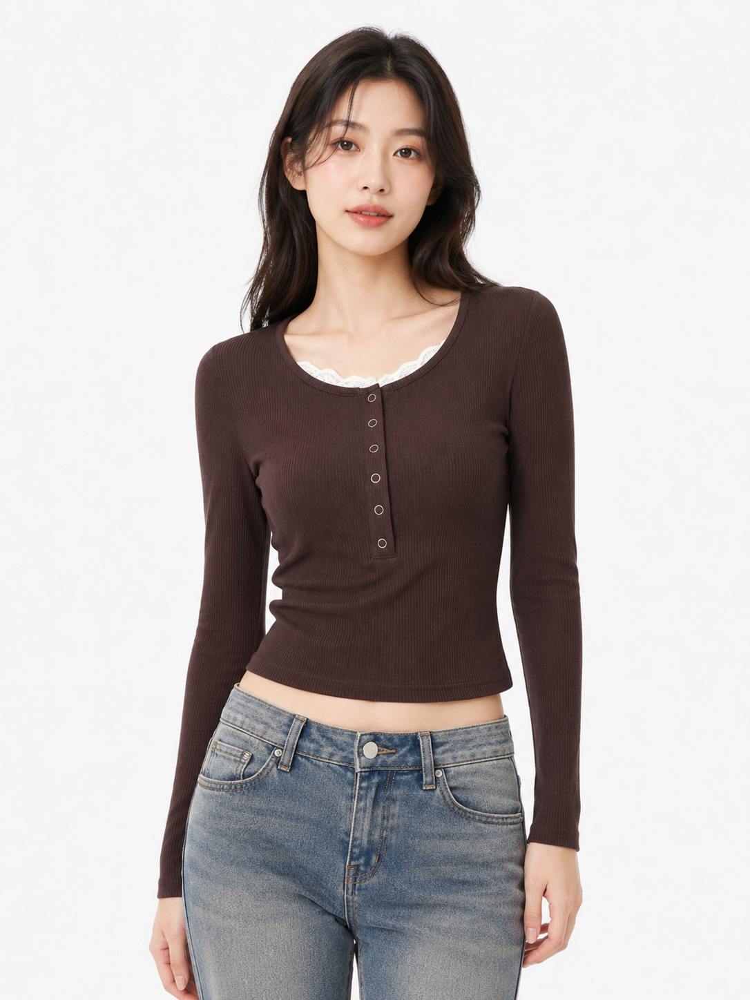 Women's Ribbed Henley Crop Top Lace Trim Long Sleeve Slim Fit Korean Fashion Tee - Coffee Brown