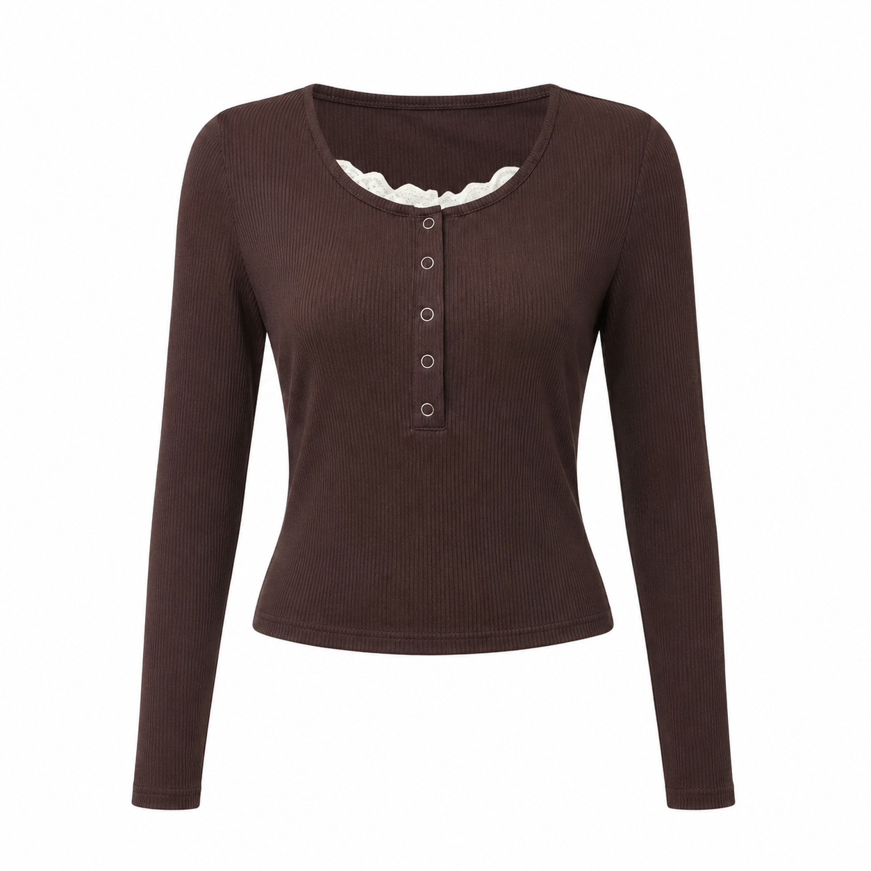 Women's Ribbed Henley Crop Top Lace Trim Long Sleeve Slim Fit Korean Fashion Tee - Coffee Brown