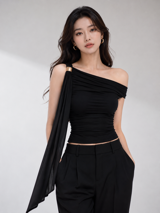 Women's Black One Shoulder Ruched Top | Party & Evening Crop Top