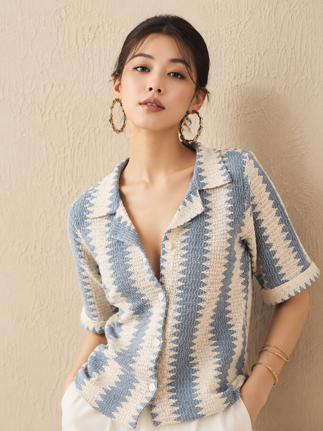 Women's Zigzag Knit Button Down Shirt | Casual Crochet Short Sleeve Top