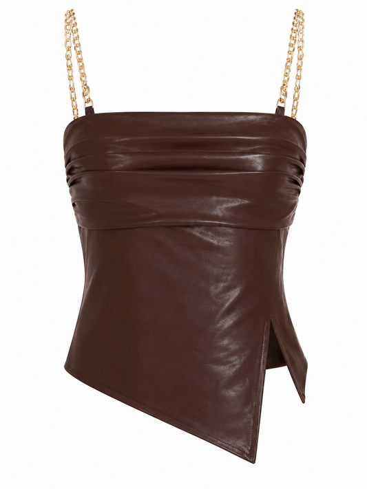 Women's Brown Halter Neck Faux Leather Crop Top | Asymmetrical Party Top with Gold Chain Straps