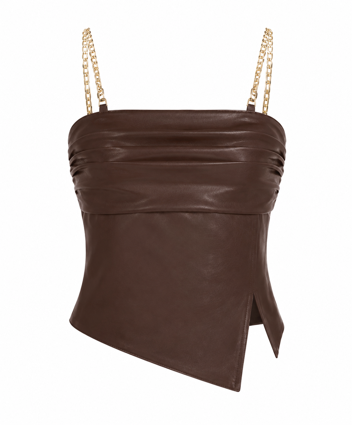 Women's Brown Halter Neck Faux Leather Crop Top | Asymmetrical Party Top with Gold Chain Straps