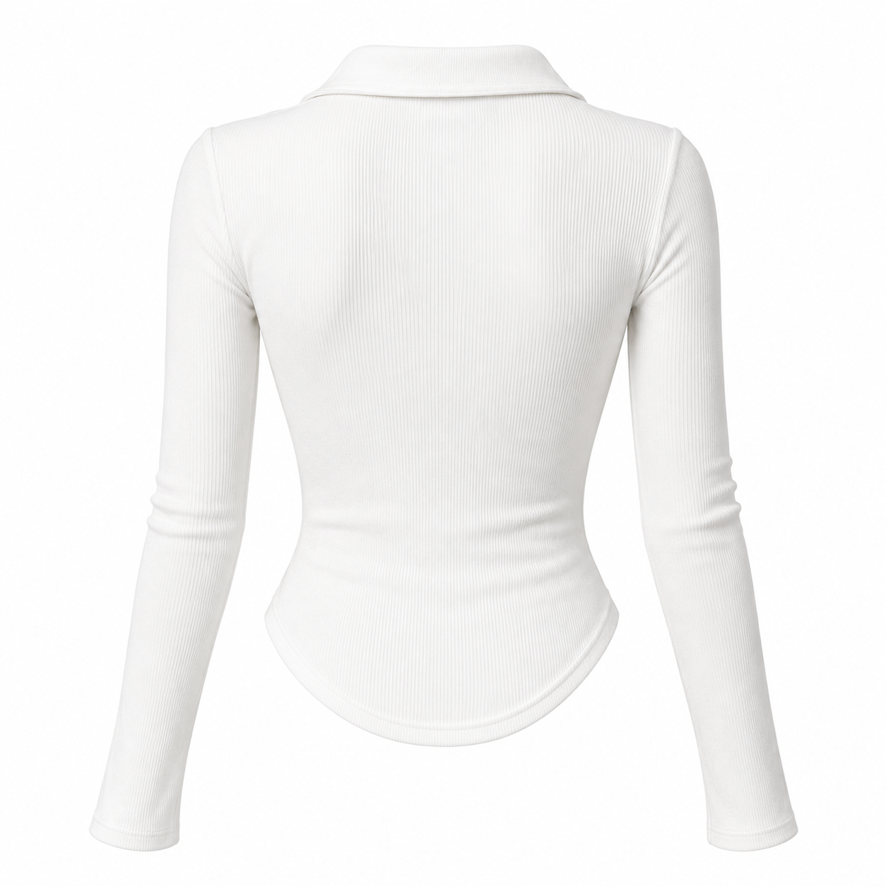 Women's White Ribbed Zip Polo Top – Long Sleeve Fitted Casual T-Shirt