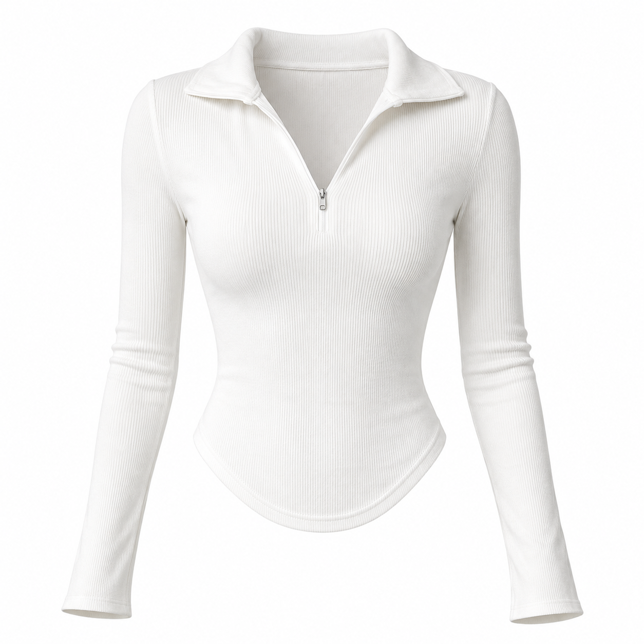 Women's White Ribbed Zip Polo Top – Long Sleeve Fitted Casual T-Shirt