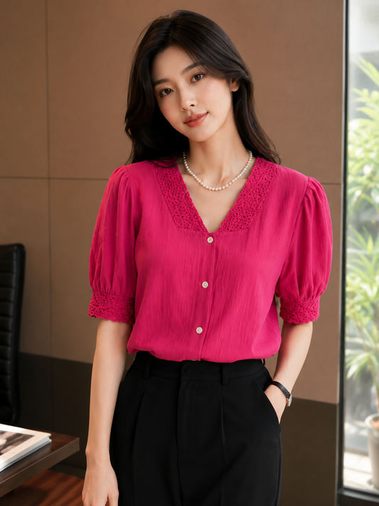 Women's Hot Pink Puff Sleeve Textured Top | V-Neck Button Front Blouse