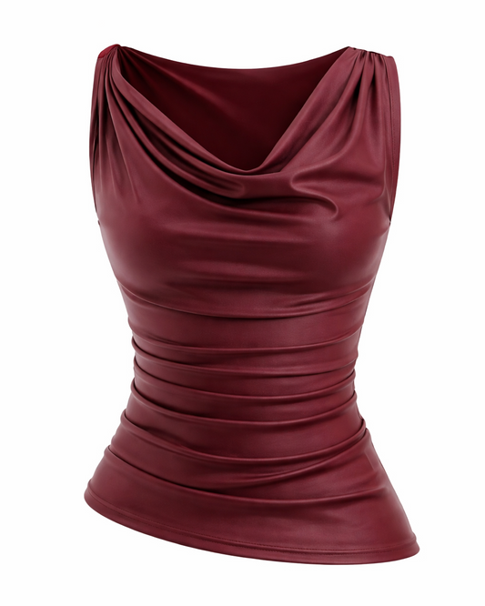 Burgundy Satin Cowl Neck Ruched Top for Women | Elegant Party Wear