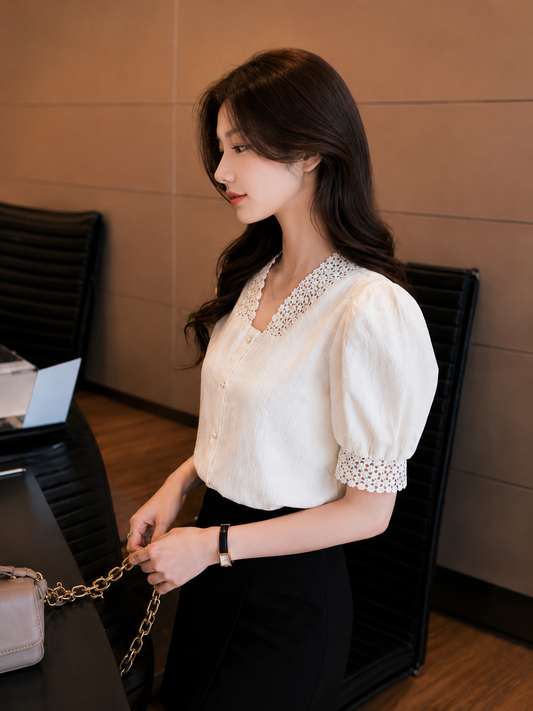 Women's Elegant White Puff Sleeve Lace Neck Blouse | Korean Style Office Top