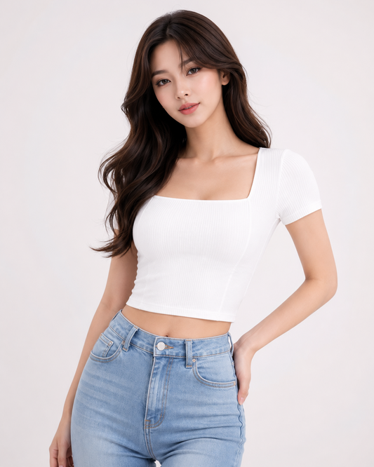 Women's White Ribbed Square Neck Crop Top | Slim Fit Casual Summer T-Shirt