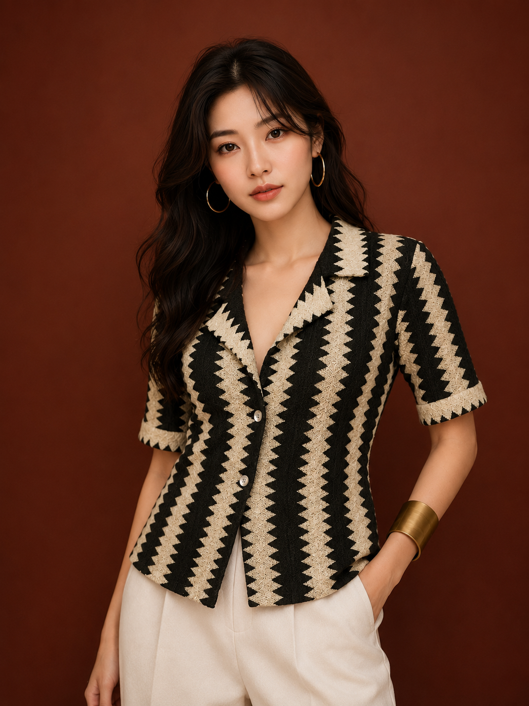 Women's Zigzag Knit Button Down Shirt | Casual Crochet Short Sleeve Top